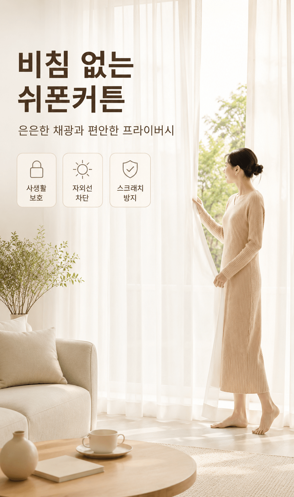 비침없는 고밀도 차르르 쉬폰커튼 화이트 속커튼 거실 침실 창문커튼 공간분리 가림막 사생활보호 시선차단 자외선차단 스크래치방지 후크형 아일렛형 상세 이미지